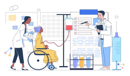 Team of oncologists. Man and woman in medical uniform help woman. Blood diseases and oncology. Chemotherapy and treatment. Healthcare and medicine. Linear vector illustrationのイラスト素材