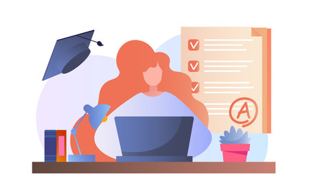 Woman pass online exam. Young girl with laptop near test. Education, learning and training. Remote student. Quiz and poll. Student doing homework. Flat vector illustrationのイラスト素材