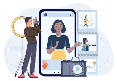Photo blogger man. Young guy with camera takes picture of woman. Talented content creator and blogger. Photographer posts content on social media. Linear vector illustrationのイラスト素材
