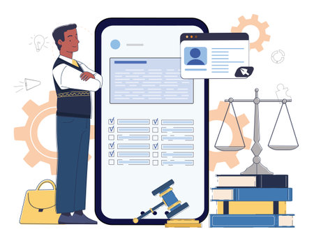 Political party program. Man near scales and judges gavel. Lawmaking and politics. Political campaign. Candidate for president or government. Linear vector illustrationのイラスト素材