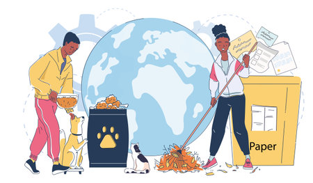 Volunteers clean up trash. Man and woman clean up trash and feed dog. Help and support, charity. Care about ecology and environment, conservation. Linear vector illustrationのイラスト素材