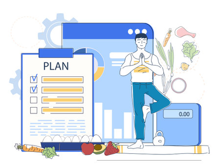 Weight loss concept. Man in asana near diet plan and nutrition. Fitness and sport, workout. Active and healthy lifestyle. Athlete and sportsman. Linear vector illustrationのイラスト素材