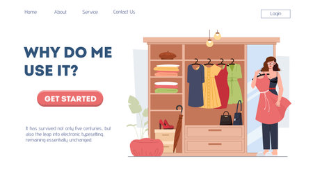 Woman choosing dress landing page. Young girl in wardrobe choosing trendy outfit. Fashion, trend and style. Hangers with dresses. Poster or banner for website. Flat vector illustrationのイラスト素材
