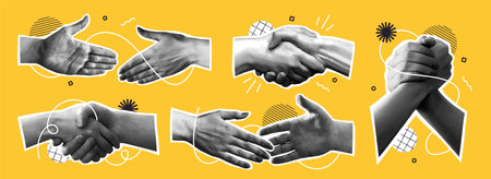 Halftone retro stickers with handshakes. Vintage patch set with hands of entrepreneurs and partners reaching out to each other. Agreement and deal. Realistic vector illustrationのイラスト素材