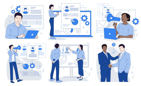 Human resources. Set of scenes with HR staff reviewing resumes and announcing recruitment for vacancy. Hiring employee. Hand drawn outline vector illustration collectionのイラスト素材