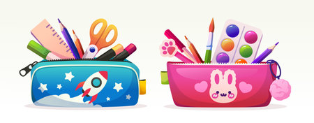 School pencil cases set. Pink and blue bags with school supplies, pencils, scissors, paints and brushes for education and creativity. Cartoon vector illustration collectionのイラスト素材