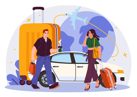 Travelers with luggage and airplane background. Vector illustrationのイラスト素材