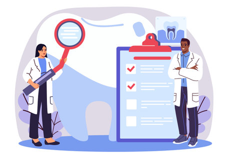 Dentists analyzing dental checklist chart. Vector illustrationのイラスト素材