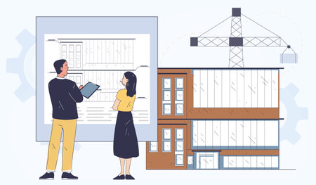 Architects discussing building plan. Vector illustrationのイラスト素材