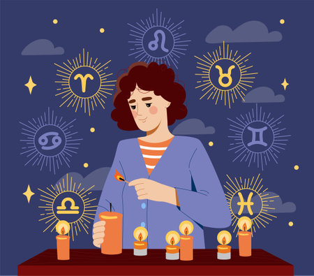 Woman lighting candles with zodiac signs. Vector illustrationのイラスト素材