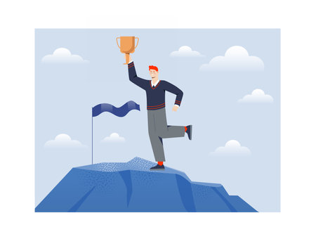 Man celebrating victory on mountain top. Vector illustrationのイラスト素材