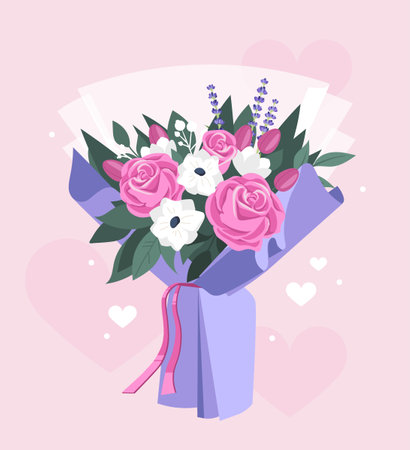 Pink rose bouquet with lilac wrap. Vector illustrationのイラスト素材
