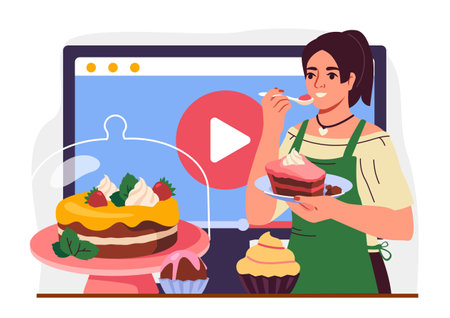 Woman tasting cake near video screen. Vector illustrationのイラスト素材