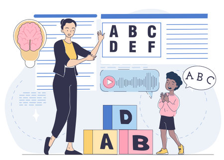 Teacher helping child learn alphabet. Vector illustrationのイラスト素材