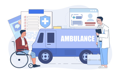 Disabled patient with doctor and ambulance. Vector illustrationのイラスト素材