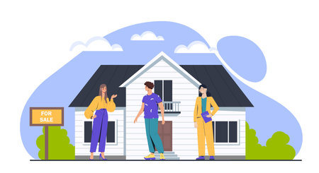 House for sale with buyers and agent. Vector illustrationのイラスト素材