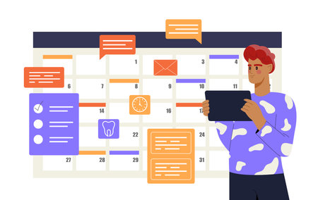 Man planning schedule with calendar board. Vector illustrationのイラスト素材