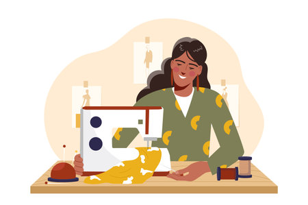Woman sewing with machine at table. Vector illustrationのイラスト素材