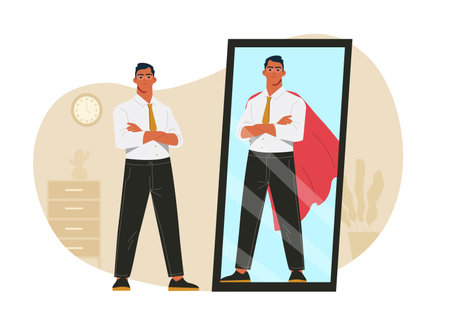 Man seeing superhero reflection in mirror. Vector illustrationのイラスト素材