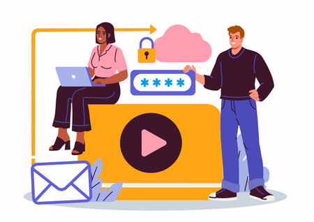 Cybersecurity teamwork and cloud data safety. Vector illustrationのイラスト素材