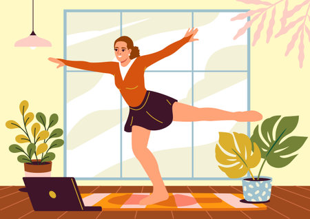 Woman doing online yoga at home. Vector illustrationのイラスト素材
