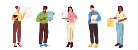 Happy People Pointing With Fingers. Smiling men and women showing with hand gesture to document, newspaper or notepad. Introducing Product. Flat vector illustration collectionのイラスト素材