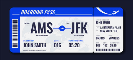 Airline ticket design. Boarding pass template with editable passenger name and destination. Paper ticket mockup for airplane or air vehicle. Flat vector illustrationのイラスト素材