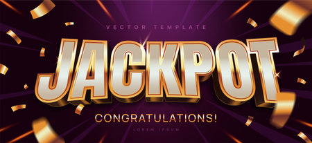 Jackpot banner. Luxury background with gold text, confetti and rays of light. Congratulatory poster for lottery or casino winner. Realistic 3D vector illustrationのイラスト素材