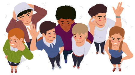 Happy people looking up. Top down view of group of smiling men and women, friends, colleagues or...
