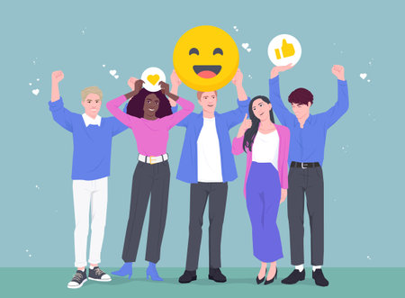 Employee satisfaction. Happy motivated office workers holding thumbs up and smiling emoji as symbol...