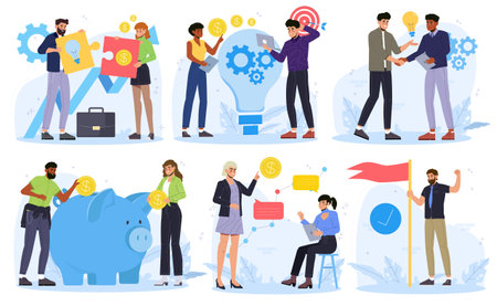 Teamwork Scene Set. Crowdfunding and partnership. Office workers and entrepreneurs generate ideas, communicate and invest money to achieve success. Flat vector illustrationのイラスト素材