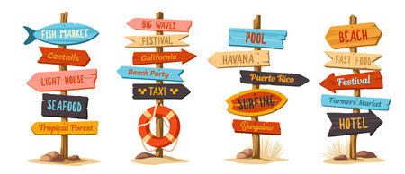 Beach signpost set. Pillars with wooden beach pointer with arrows and lettering. Direction indicators. Signs with inscription hotel, cafe and pool. Cartoon vector illustrationのイラスト素材