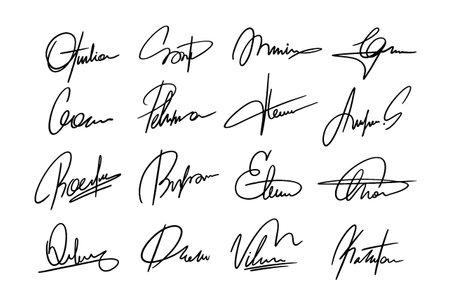 Signatures set. Handwriting signature for e documents and agreements. Calligraphic autograph or personal written sign. Hand drawn outline vector illustration collectionのイラスト素材