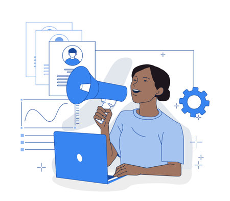 Woman with megaphone using laptop device. Vector illustrationのイラスト素材