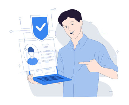 Man presenting digital ID on laptop screen. Vector illustrationのイラスト素材