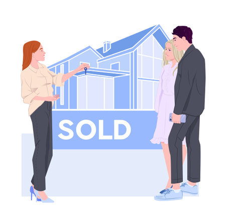 Couple receives house keys from agent. Vector illustrationのイラスト素材