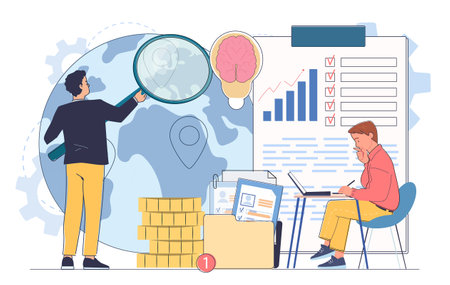 Business scaling concept. Men with magnifying glass near globe and graphs. Company and organization expansion. Global business and marketing. Linear vector illustrationのイラスト素材