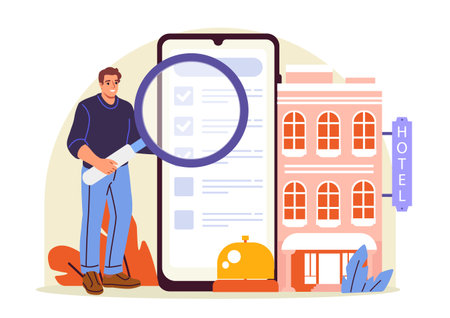 Booking app for tourists. Man with magnifying glass near smartphone and building. Mobile application for travelers. Room accommodation and reservation. Flat vector illustrationのイラスト素材