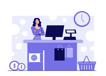 Woman at cash register. Seller waiting for customers. Supermarket or market worker. Checkout and terminal in shop. Retail occupation. Linear vector illustrationのイラスト素材