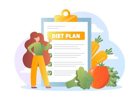 Woman with diet plan. Young girl near carrots, tomatoes and broccoli. Healthy eating and nutrition, proper diet. Dietician with clipboard. Flat vector illustrationのイラスト素材