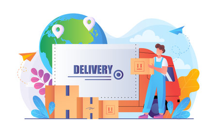 International delivery concept. Man with box in hands near truck and globe. International shipping and logistics, distribution. Import and export. Flat vector illustrationのイラスト素材