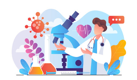 Doctor with microscope. Man in medical uniform near microscope. Specialist conducts scientific research in laboratory. Chemist or scientist in lab. Flat vector illustrationのイラスト素材