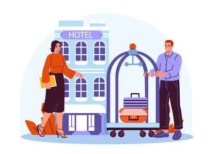Tourist with hotel doorman. Woman near luggage carrier man. Room accommodation and reservation. Holiday and vacation. Hostel service and staff. Flat vector illustrationのイラスト素材