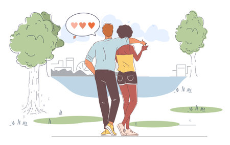 Loving couple in nature. Man hugging woman. Happy pair on romantic date in park. Summer or spring season. Lovers walking outdoor. Love and romance. Linear vector illustrationのイラスト素材