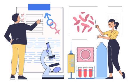 Sex education concept. Man and woman near gender signs. Sexual education for kids. Condoms and contraception. Gynecology and venereology. Linear vector illustrationのイラスト素材