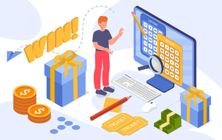 Online lottery win celebration scene. Vector illustrationのイラスト素材