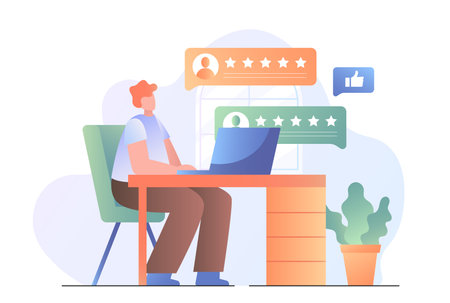 Man at desk checking online reviews. Vector illustrationのイラスト素材