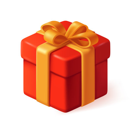 Red gift box with golden ribbon on white. Vector illustrationのイラスト素材