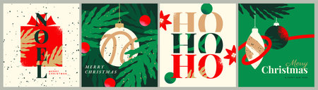 Set of Merry Christmas Cards. Festive posters or greeting cards with fir tree branches, gift boxes and Christmas tree decorations. Flat vector illustration collectionのイラスト素材