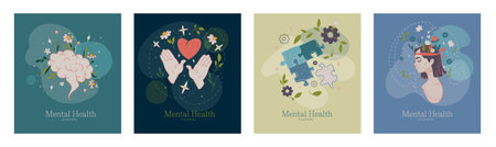 Mental Health Poster Set. Flyers or cards with brain and blooming flowers, hands with heart and...